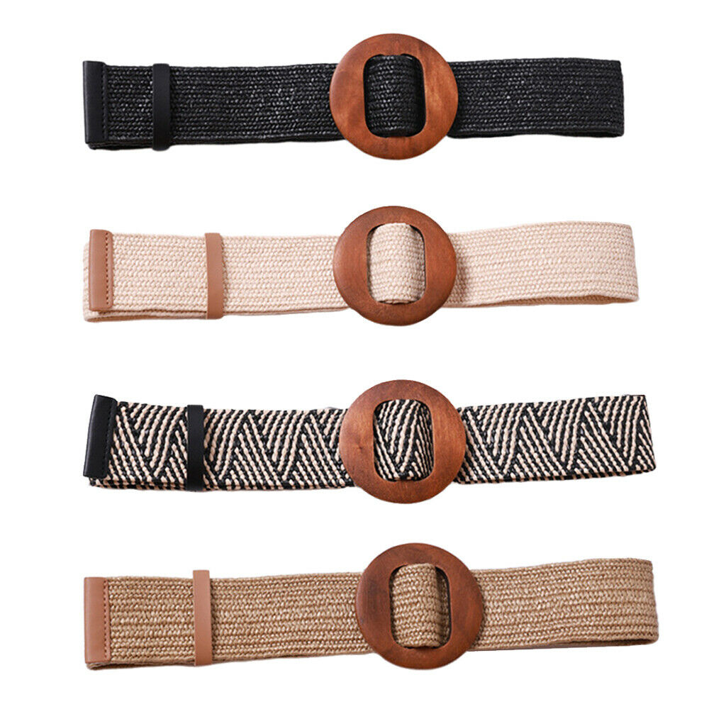 Braided Waistband Cinch Belt with Round Wooden Buckle Decorative Dress Belts