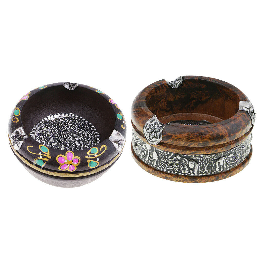 2x Leopard/Painted Print Solid Wooden Ashtrays Round Thailand Style Ashtrays