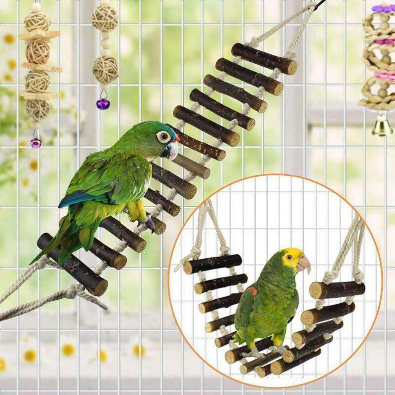 7Pcs Parrot Chew Toys Natural Wood Bird Swing Climbing Hanging Perch Bell Ball