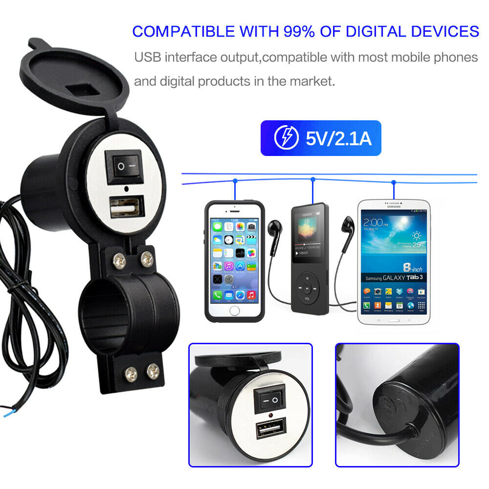 12V 2.1A USB Car Motorcycle Charger w/ Switch Socket Plug Adapter Waterproof NEW