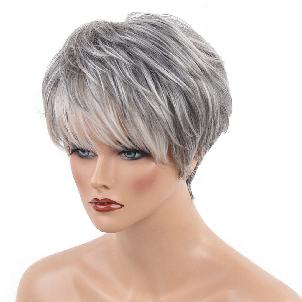 MagiDeal Fashion Lady Gray Short Human Hair Wigs Full Natural