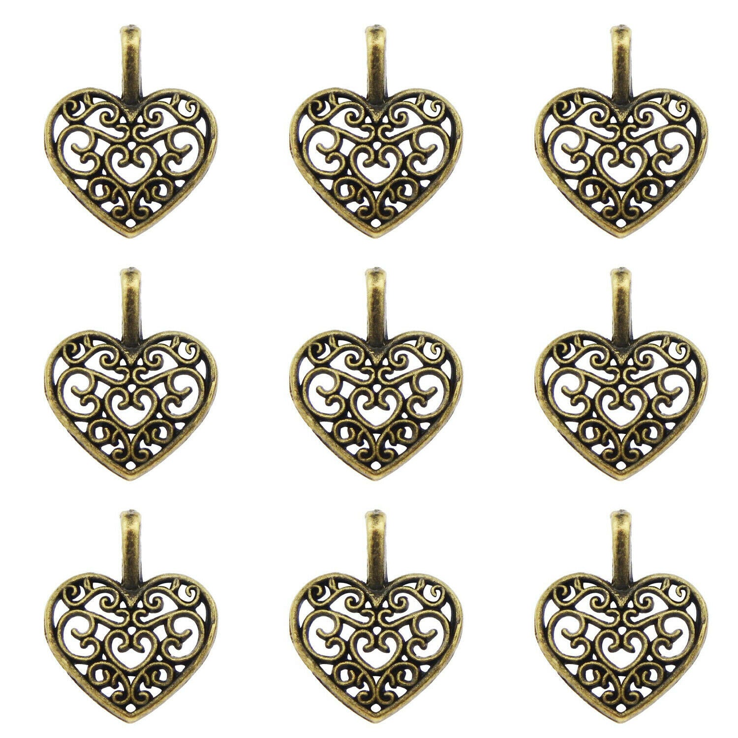 100 pcs Antiqued Bronze Zinc Alloy Love Heart Pendants Jewelry Findings 16x15mm