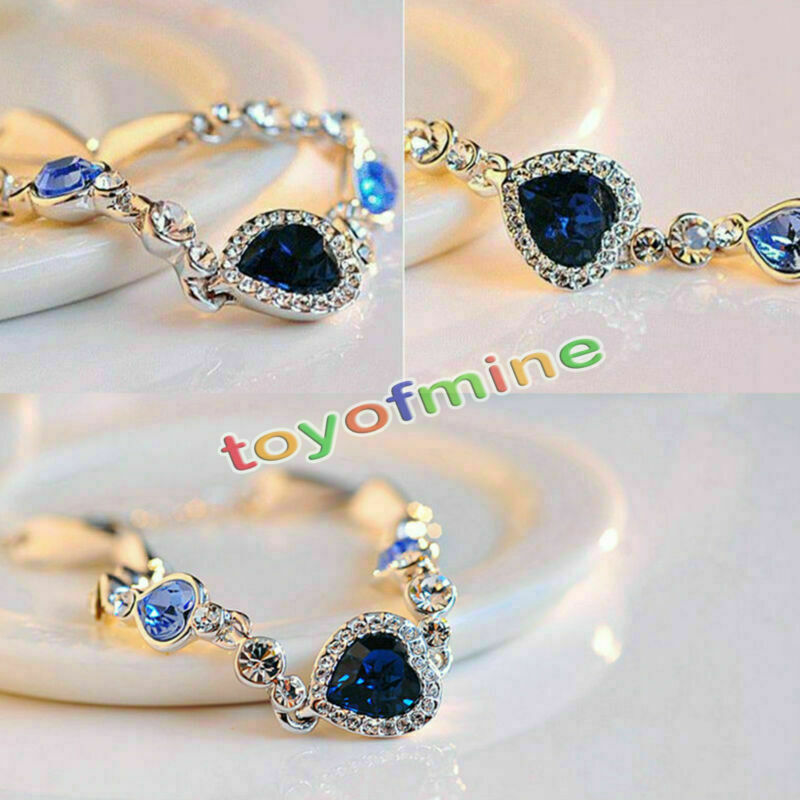 Women Ocean Blue Crystal Rhinestone Heart Bangle Bracelet Gift New Fashion