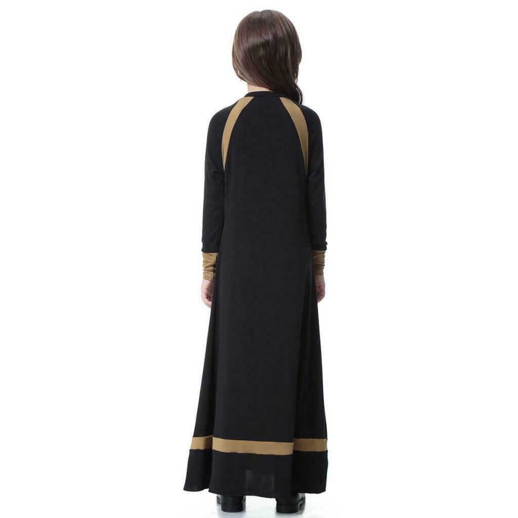 Girls Hit Color Long Sleeve Muslim Maxi Dress Ball Gown Abayas Black S