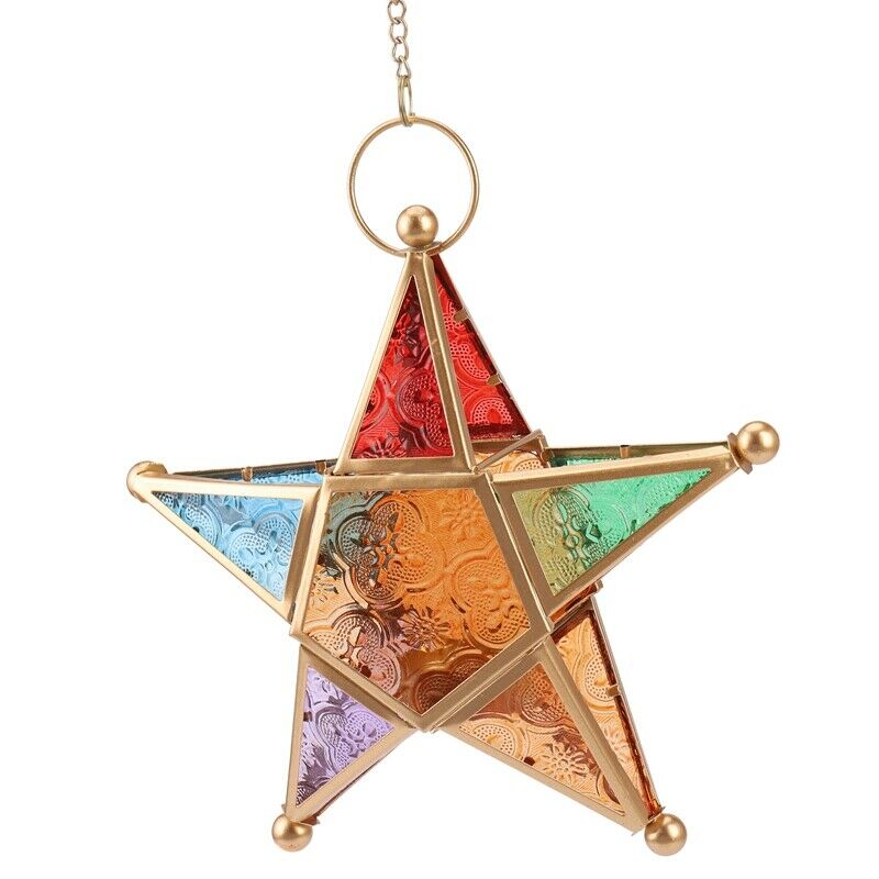 Multicolour Glass Star Votive Tea Light Candle Holder Hanging Lighting LanternR1
