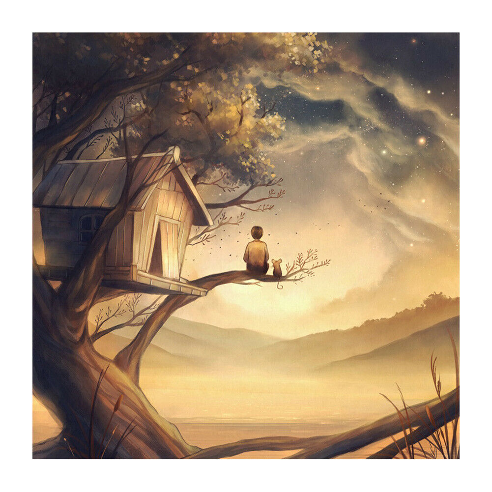 Wooden House Boy Round Diamond Painting 5D Full Drill Cross Stitch Drawing @