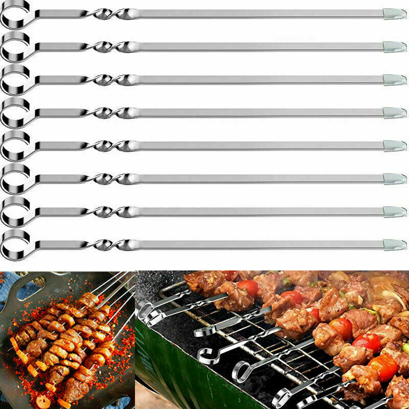 12x Kabob Skewer Flat Metal BBQ Barbecue Skewer Stainless Steel Shish Skewers