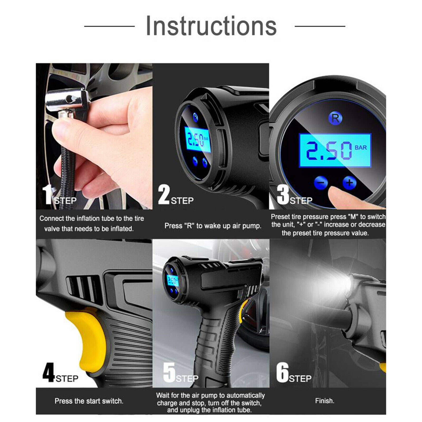 Cordless Tyre Inflator Portable Air Pump LED Light for Car Motorcycle Bike