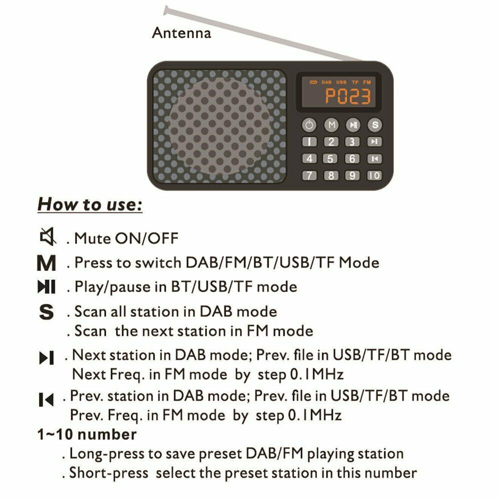 Portable Rechargable DAB/DAB+/FM Bluetooth Digital Radio Receiver P8 USB Cable