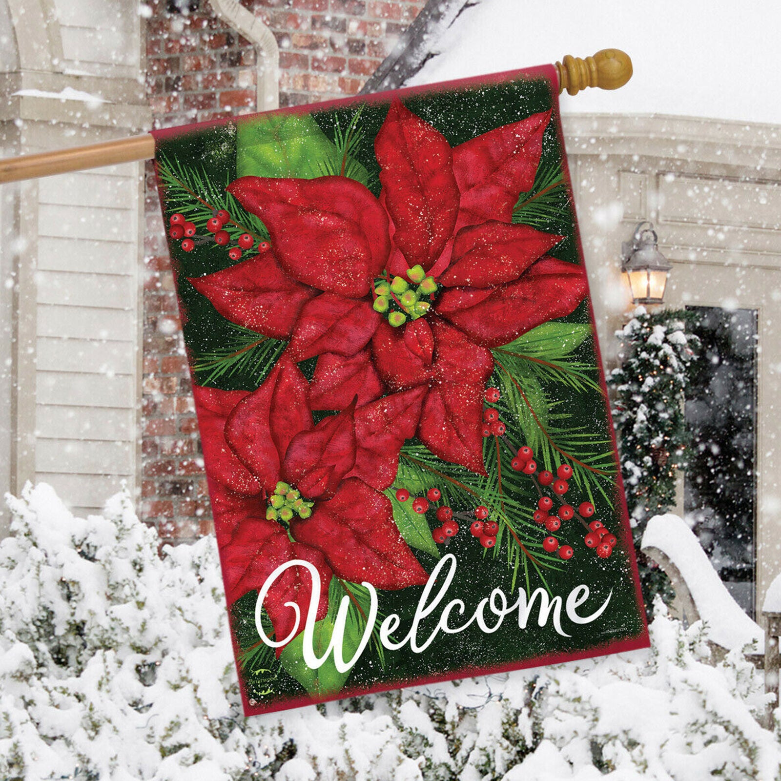 Holiday Poinsettia Christmas House Flag Welcome Floral 28" x 40" Briarwood Lane
