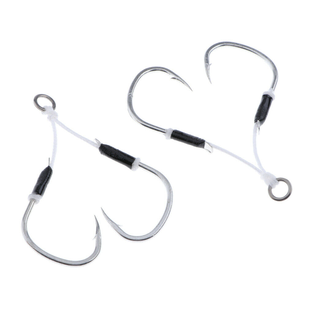 2 Pieces Carbon Steel Fishing Jig Hooks Barbed Assist Hooks with PE Line A