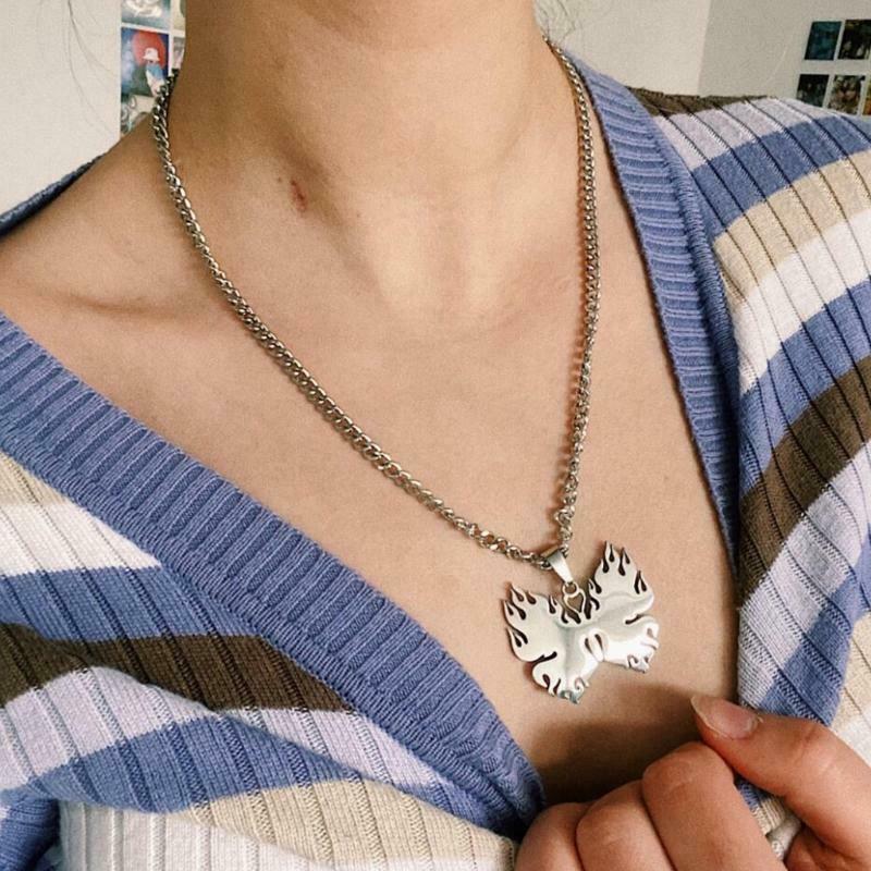 Flame Butterfly Pendant Necklace Hip-Hop Rock Stainless Steel Chain Jewelry Gift