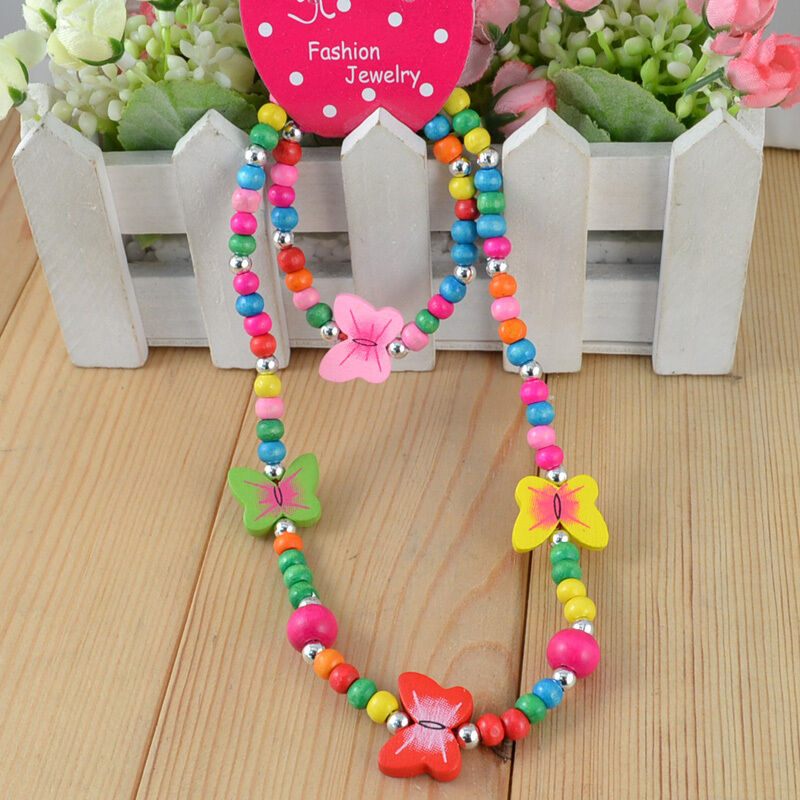 Children Jewelry Girl ButterFly Wood Beaded Necklace Bracelet Set Gift Xmas
