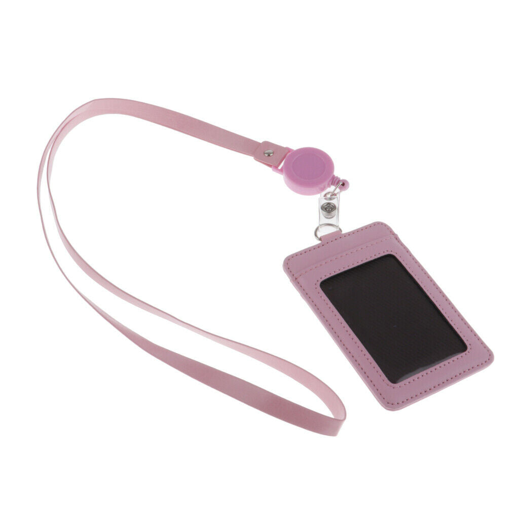 2-Sided Vertical Pu Leather Badge Card Holder Neck Strap Lanyard Pink