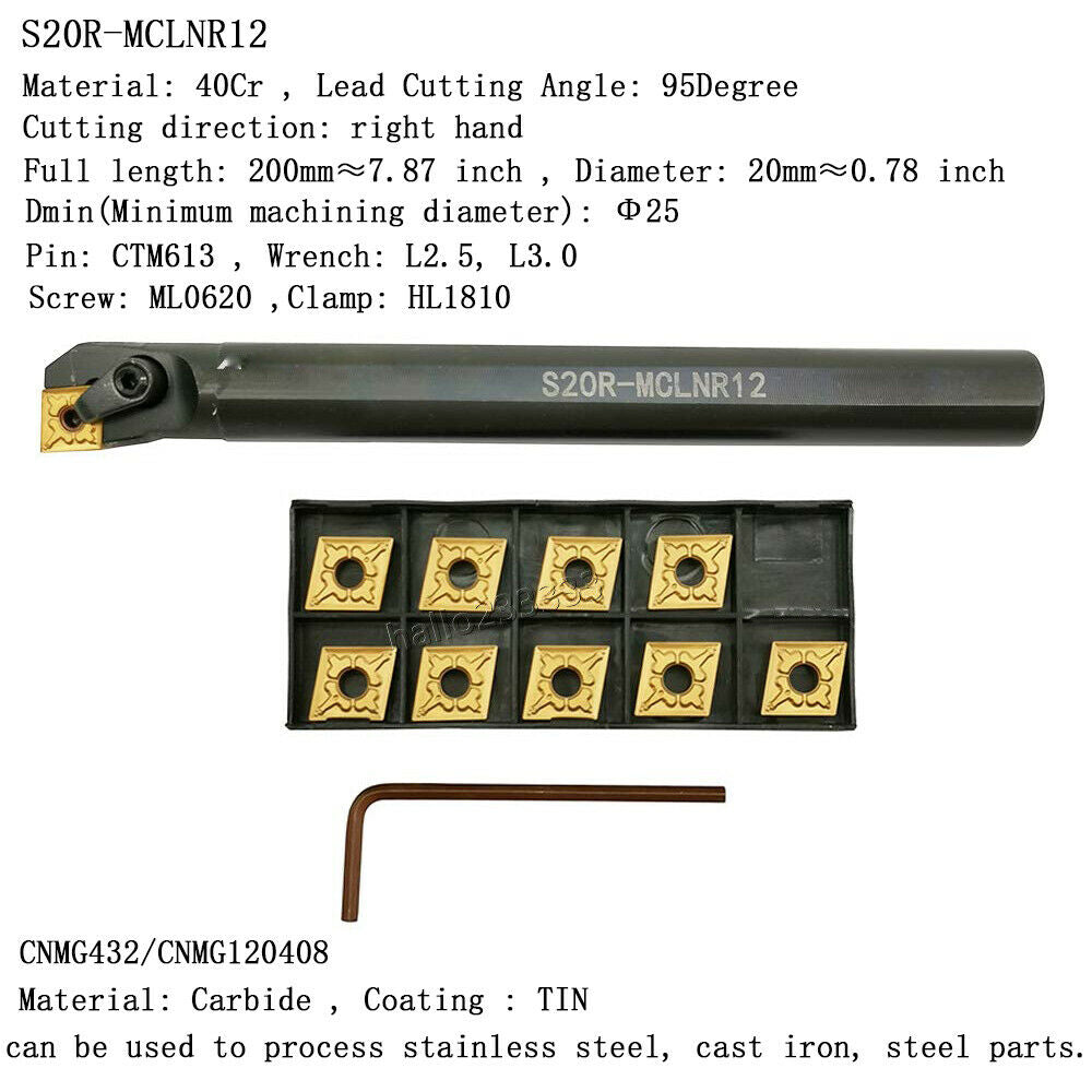 3/4'' x 8'' S20R-MCLNR12 Boring Bar Turning Tool Holder + CNMG120408 inserts