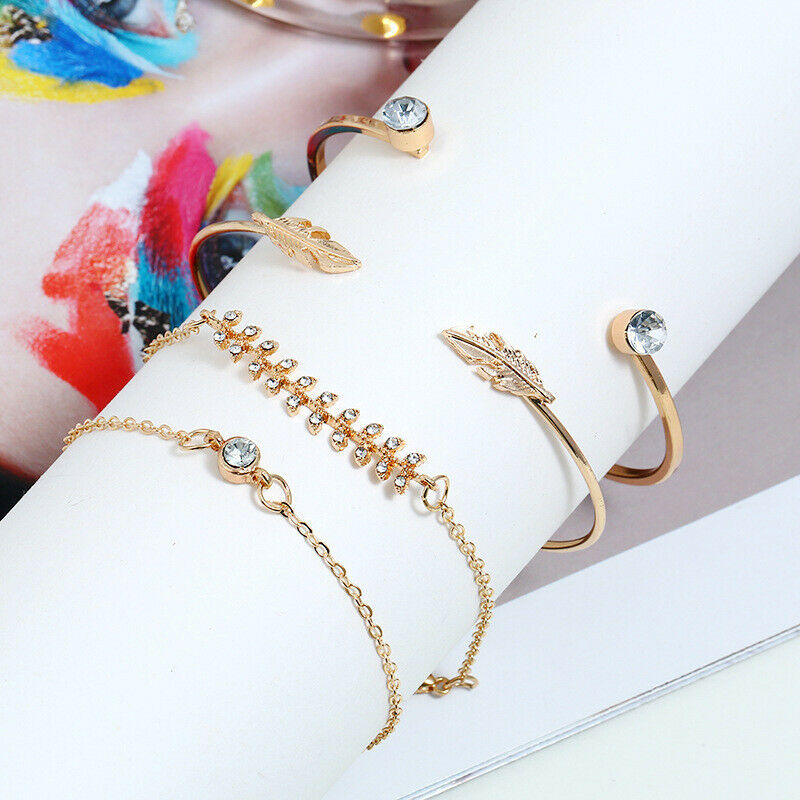 4Pcs/set Fashion Women Geometric Crystal Leaf Bracelet Adjustable Bangle .l8