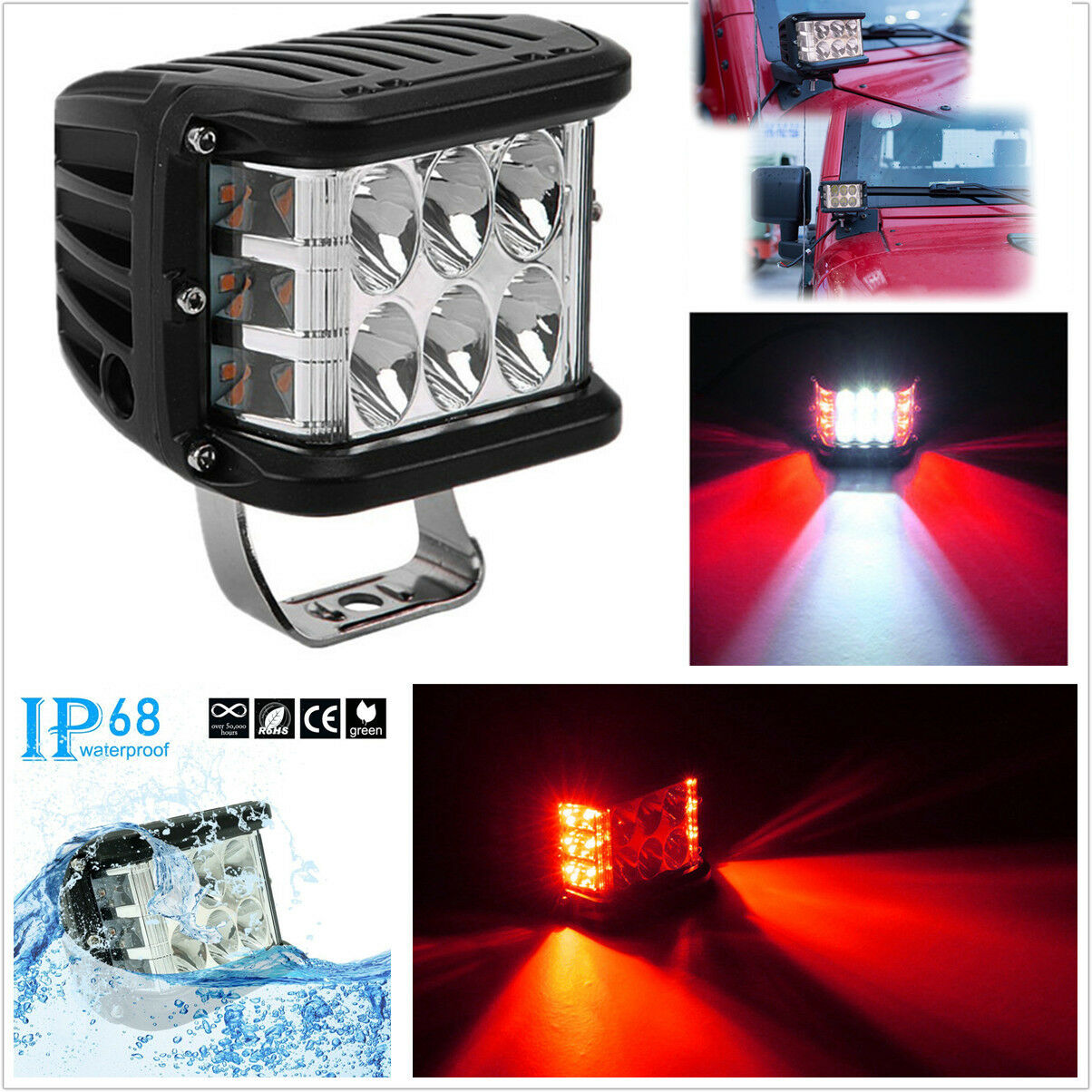 9000LM 12LED Work Light Bar Side Shooter Combo Beam White+Red Driving Offroad