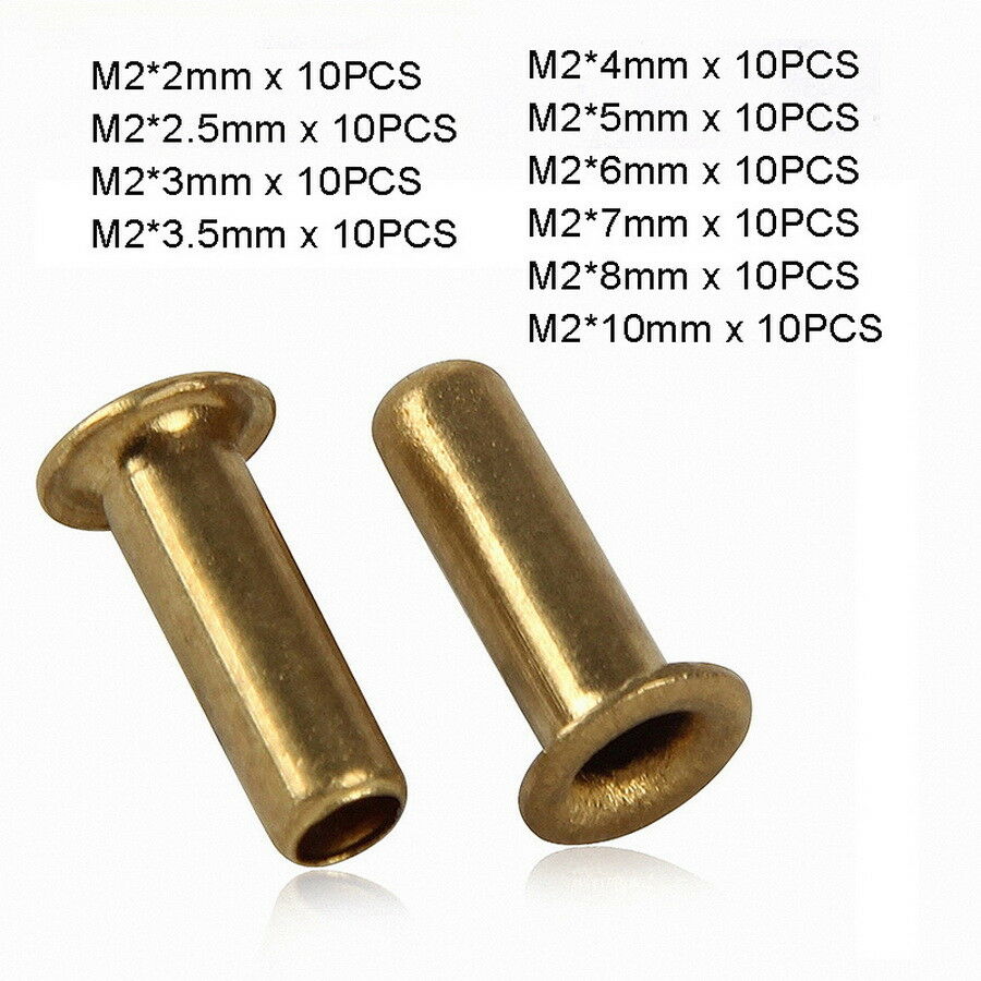 100pc M2 x (2mm-10mm) Copper Brass Eyelet Hollow Tubular Rivets Through Nuts Kit