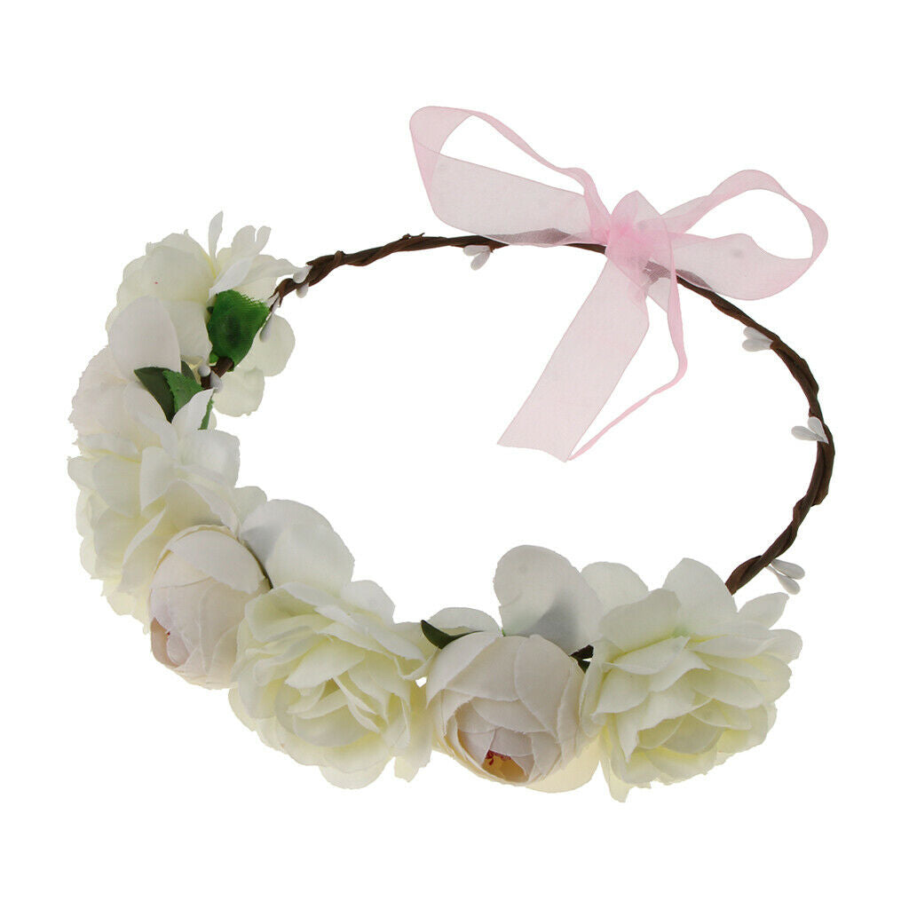 Silk Flower Wreath Headband Garland Wedding Festival Party Hair Costume - Beige,