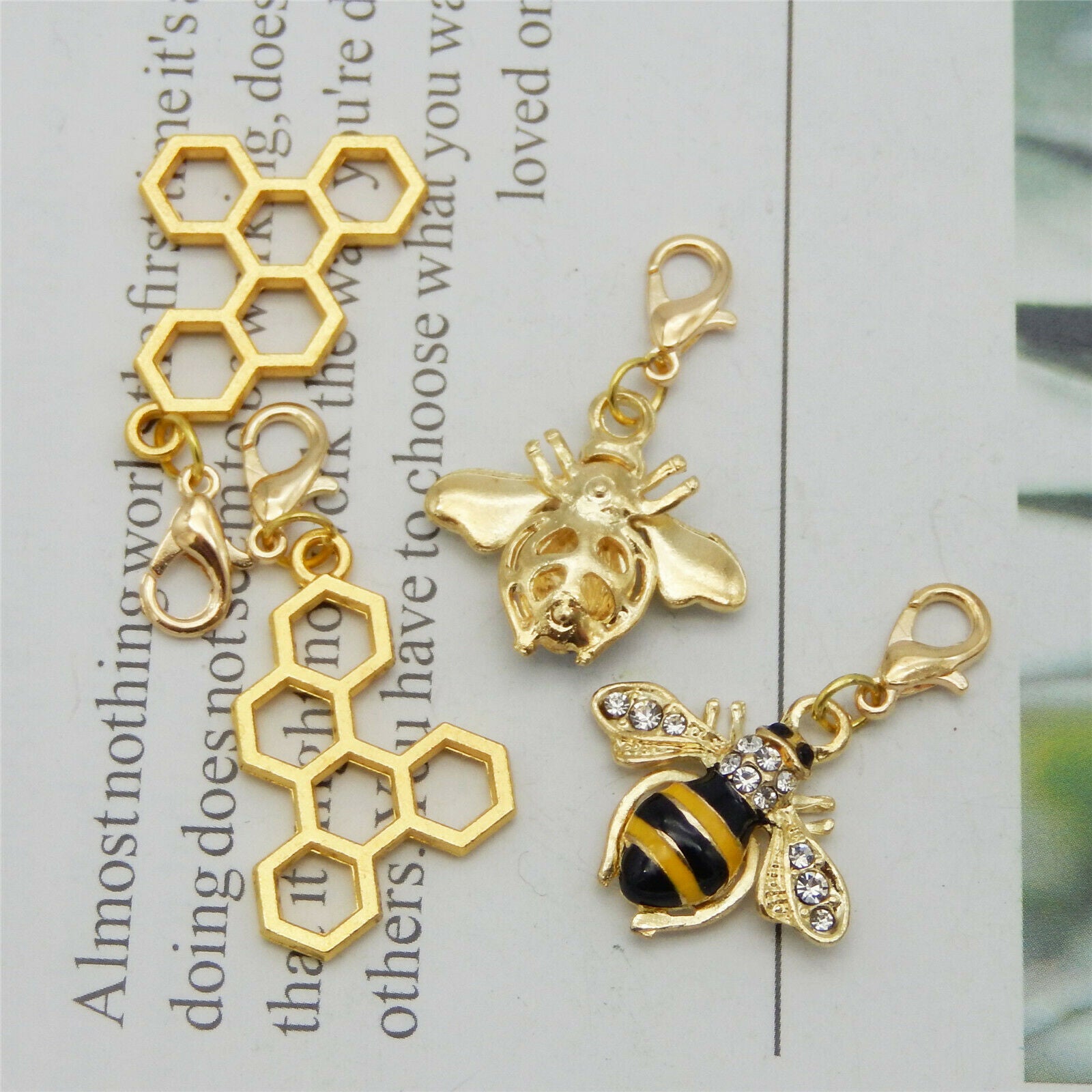 12PCS Alloy Honeycomb Enamel Charm Bee Rhinestone Pendant Lobster Clasp Jewelry