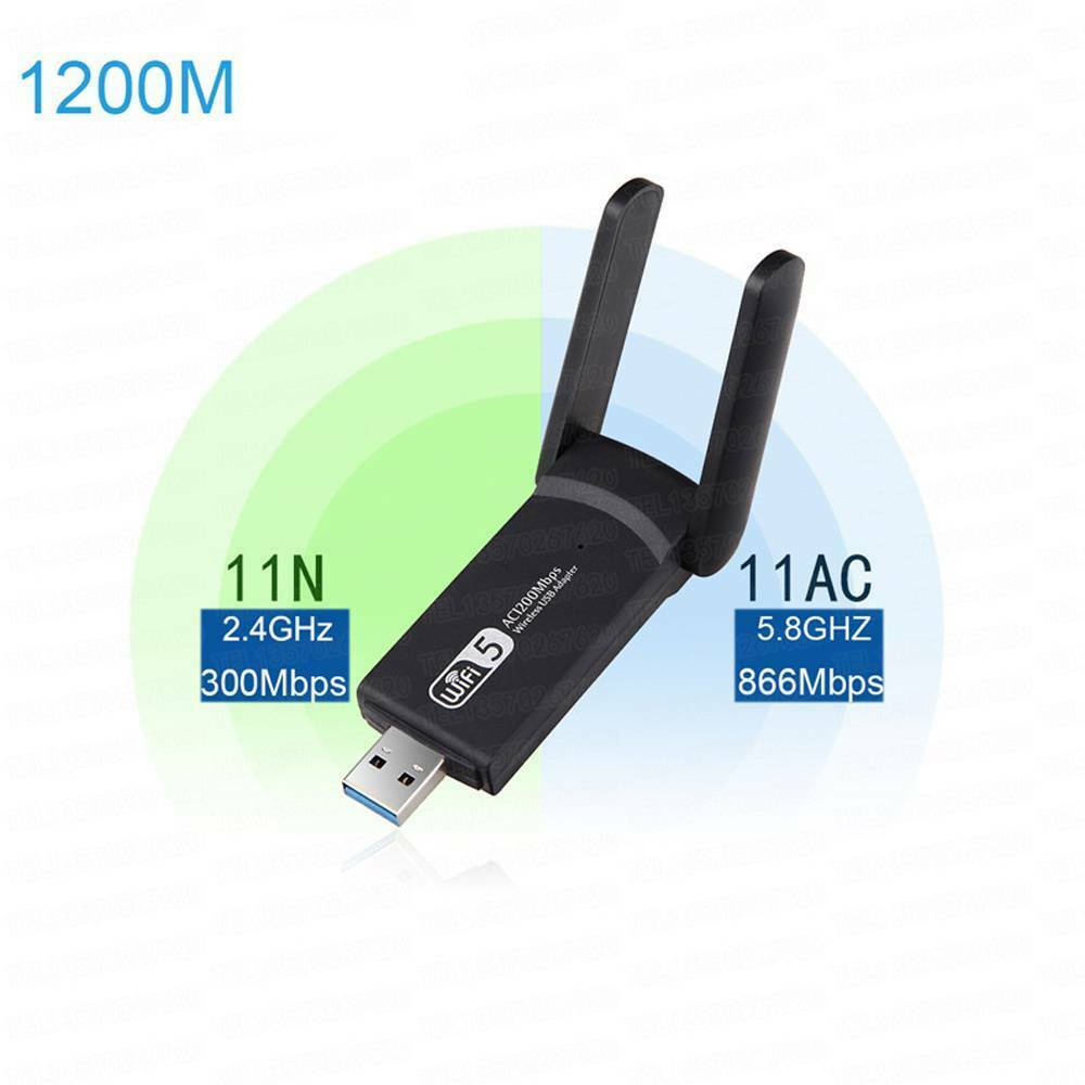 Computer Black 1200Mbps WiFi Dongle Wireless Adapter USB 3.0 Dual Band Antenna!