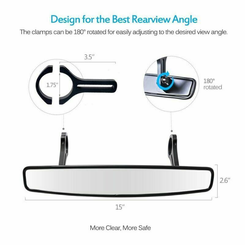 15" Wide Rear View UTV Mirror with 1.75" Clamp for ROUND ROLL BAR Units