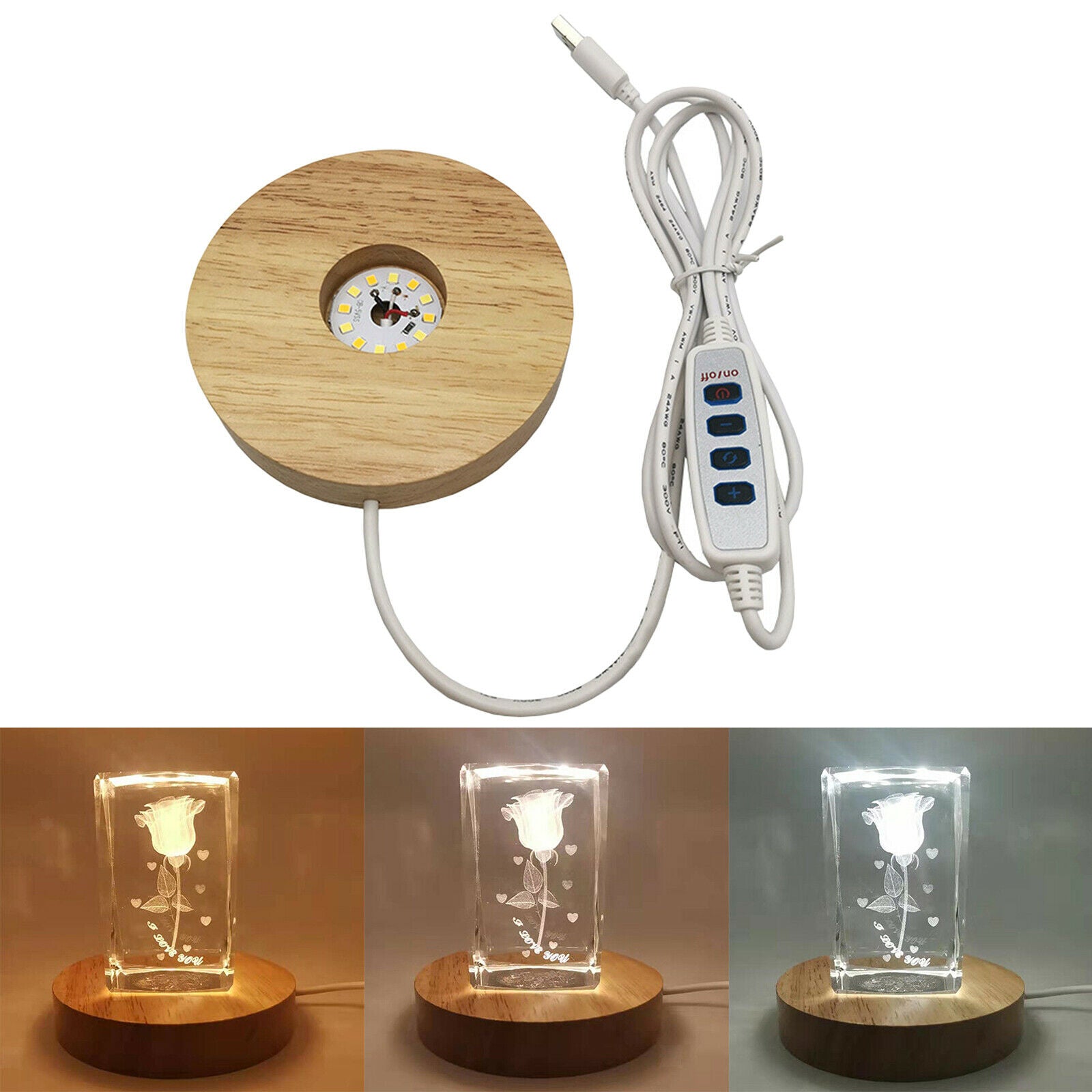 USB 3 Colors Wooden LED Light Base for Crystal Ball Vase Acrylic Easy to Use