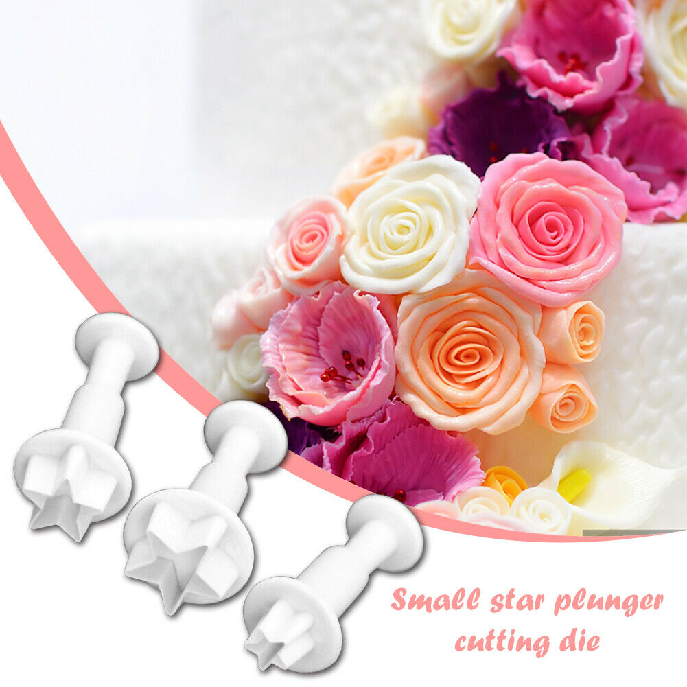 3pcs Silicone Star Plunger Fondant Mold Biscuit Cookies Cutter Cake Decor @