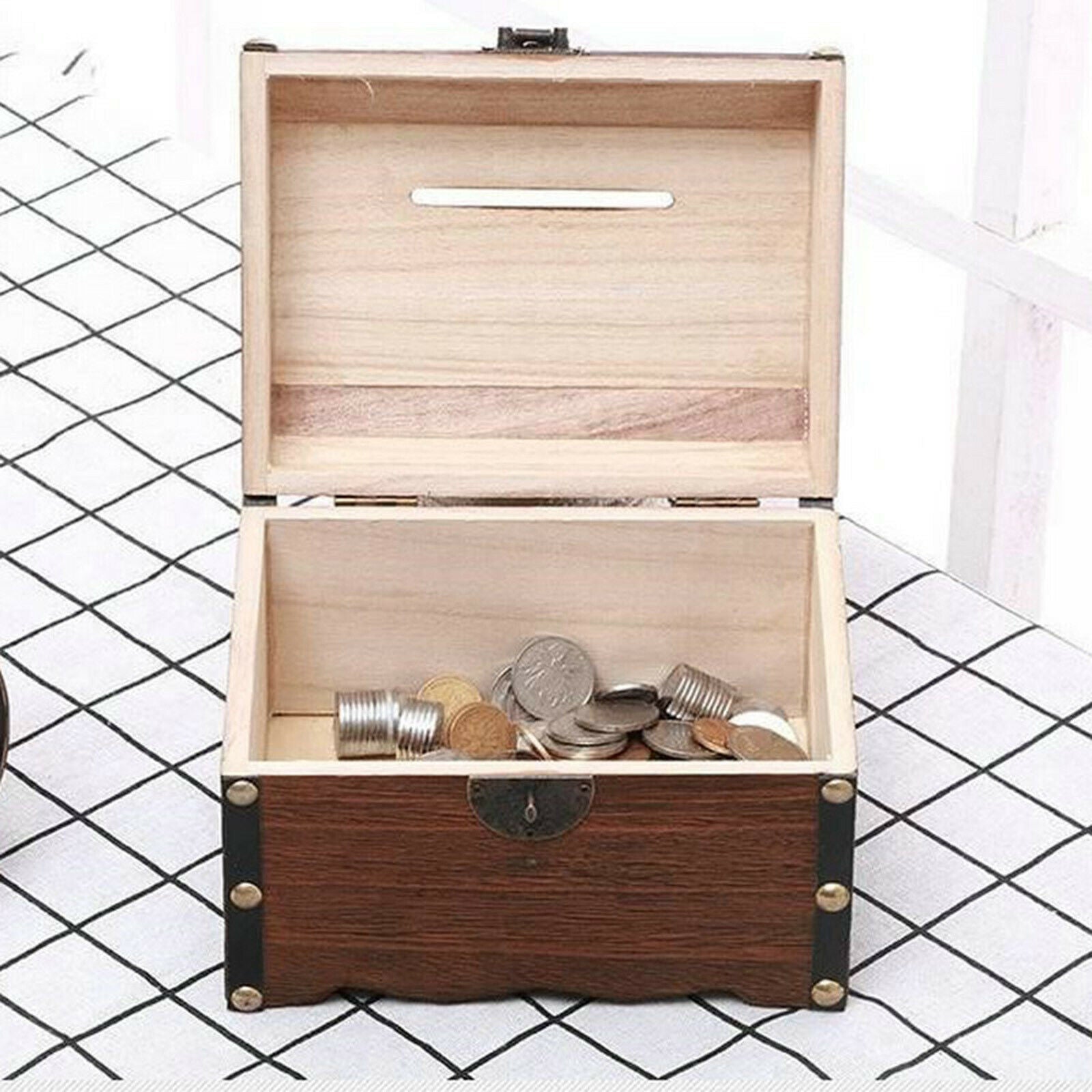 Wooden Treasure Chest Trinket Preservation Storage Box Bedroom Piggy Bank