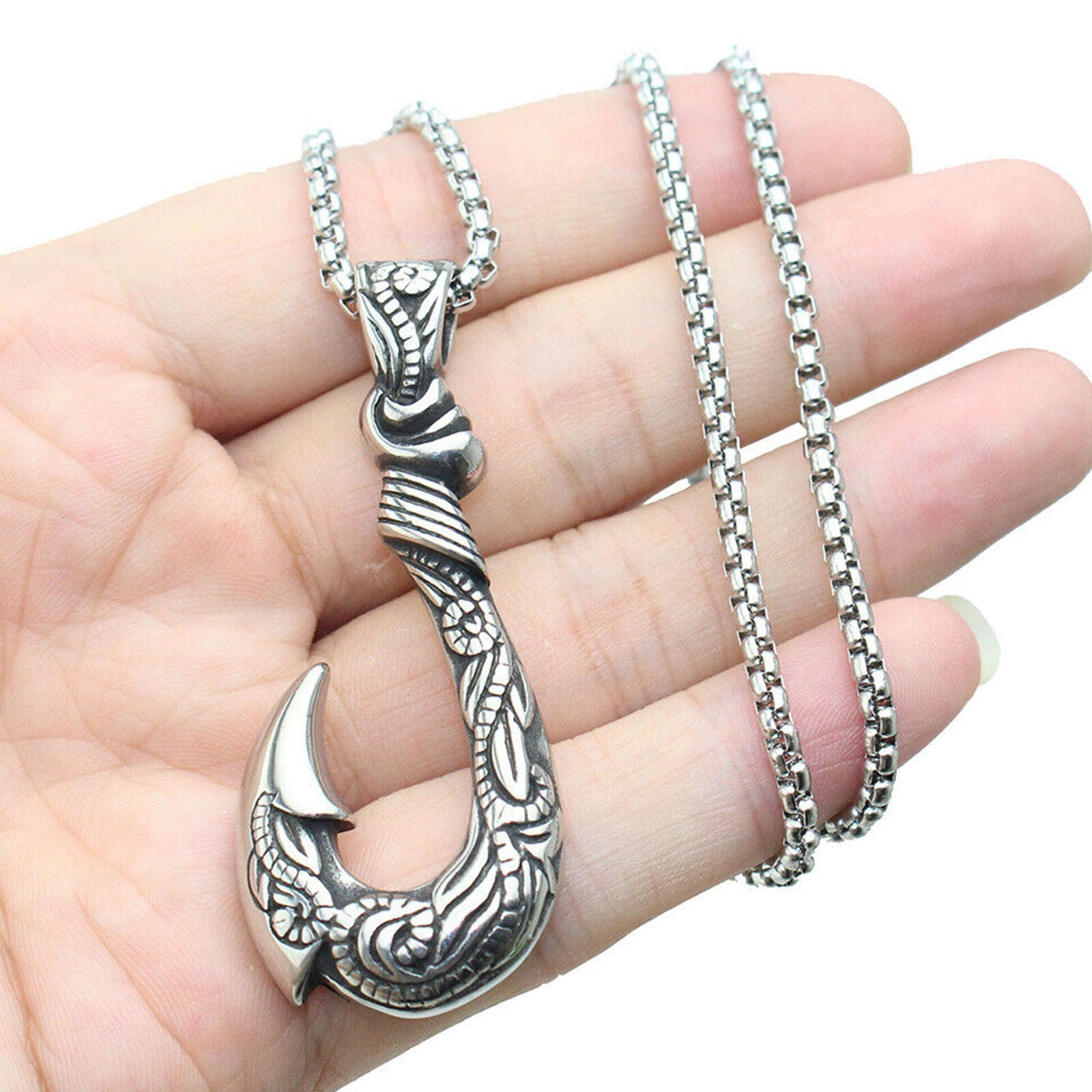 Stainless Steel Cool Mens Hawaiian Fishing Fish Hook Viking Pendant Necklace