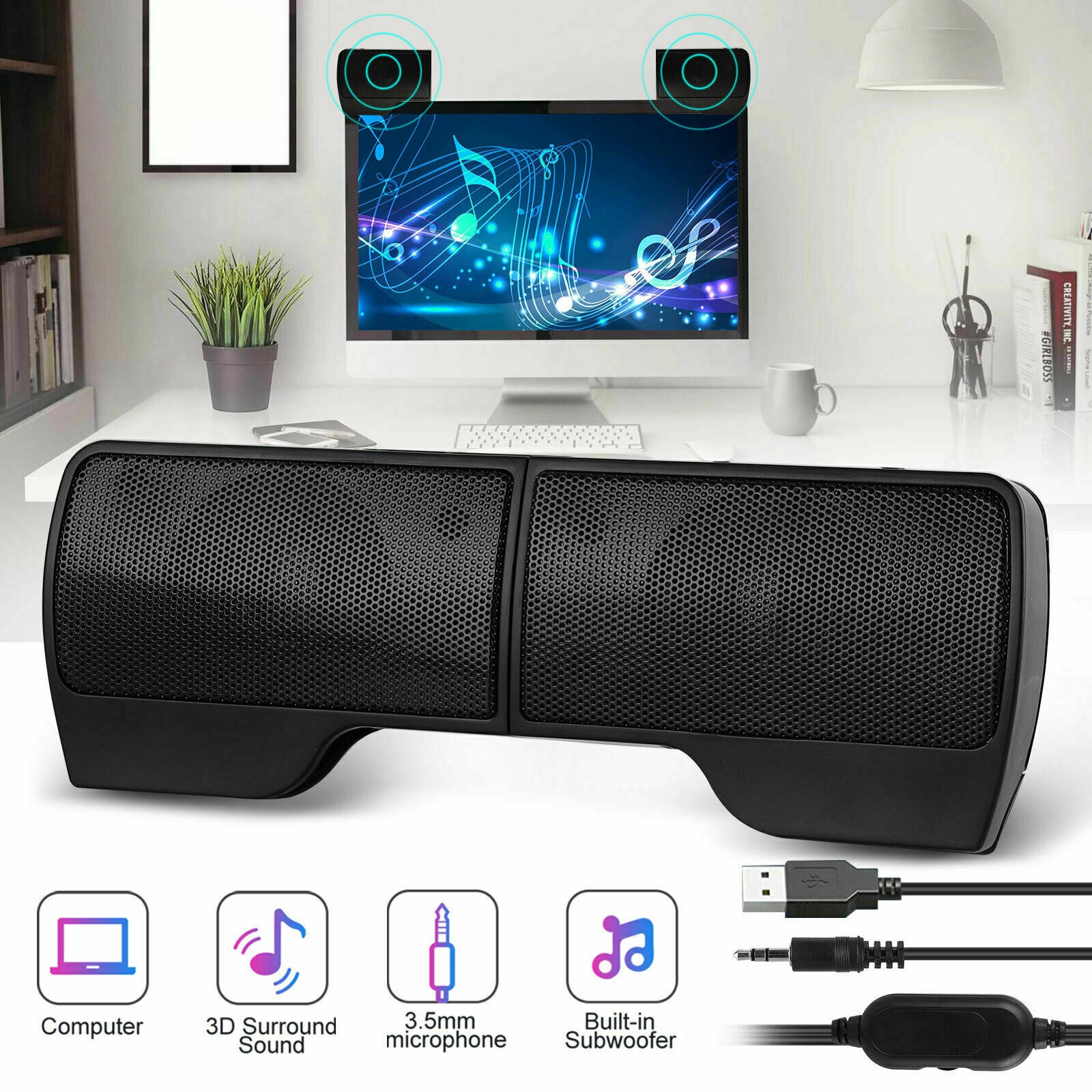 USB Power Speakers Clip-On Computer Stereo Sound Bar 3.5mm for Desktop PC Laptop