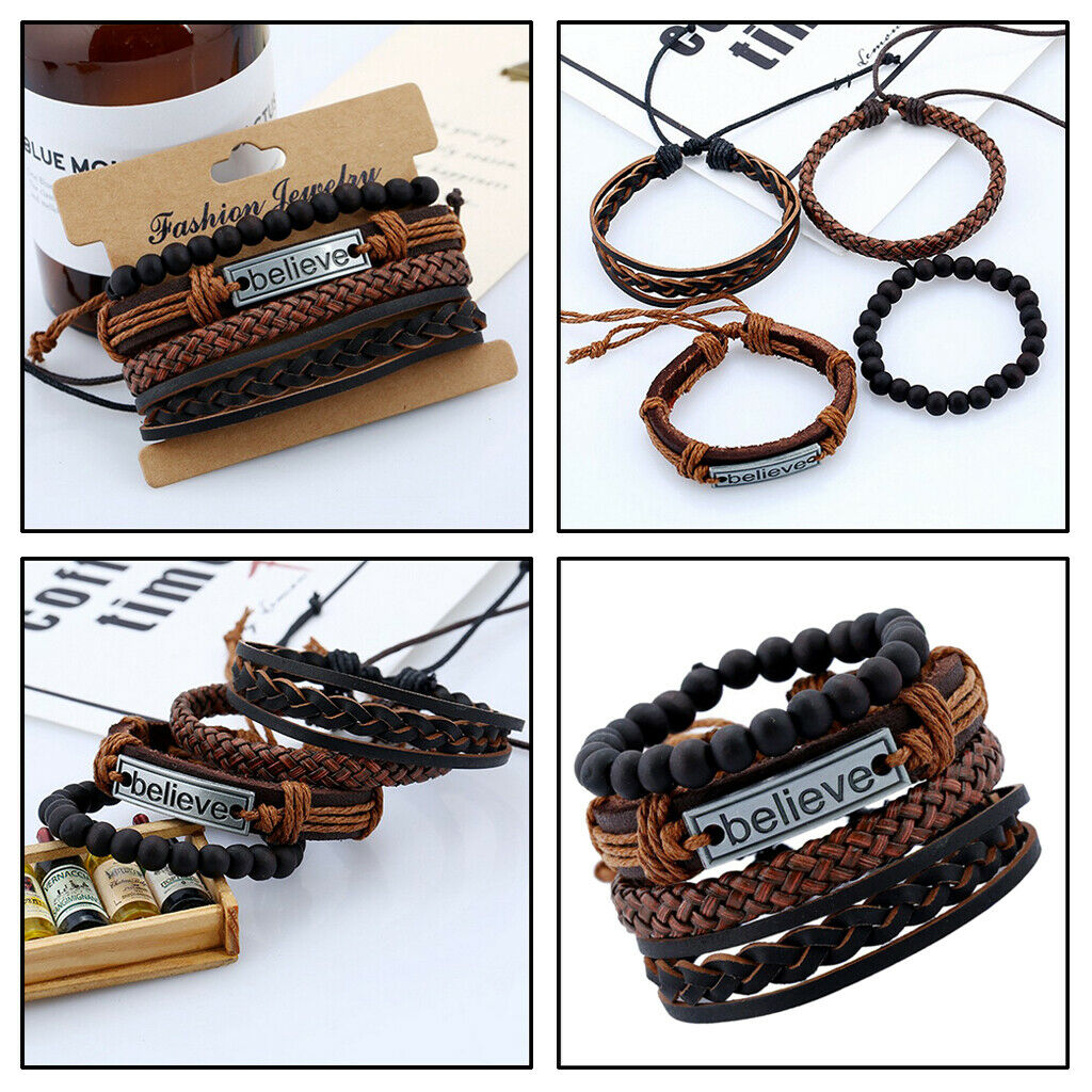 HOT 4Pcs Mens Leather Bracelet BELIEVE Carved Adjustable Multilayer Bangles