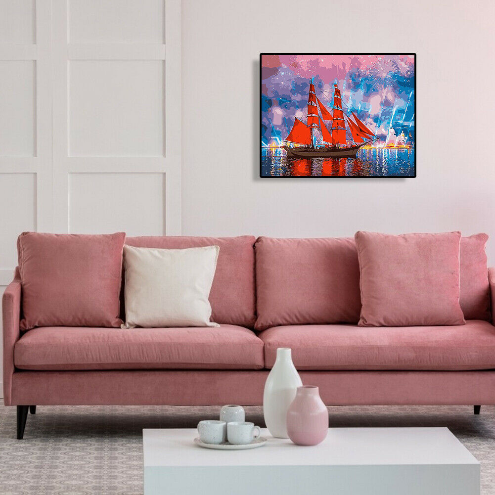 Oil Painting By Numbers Kit DIY Red Sailboat Hand Painted Digital Canvas @