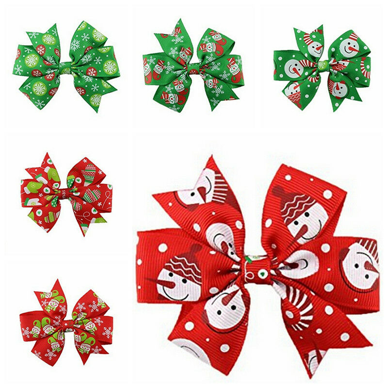 6Pcs Girl Christmas Holiday Gift Snowflake Ribbon Hair Bows Clip Girl Hairpin Rf