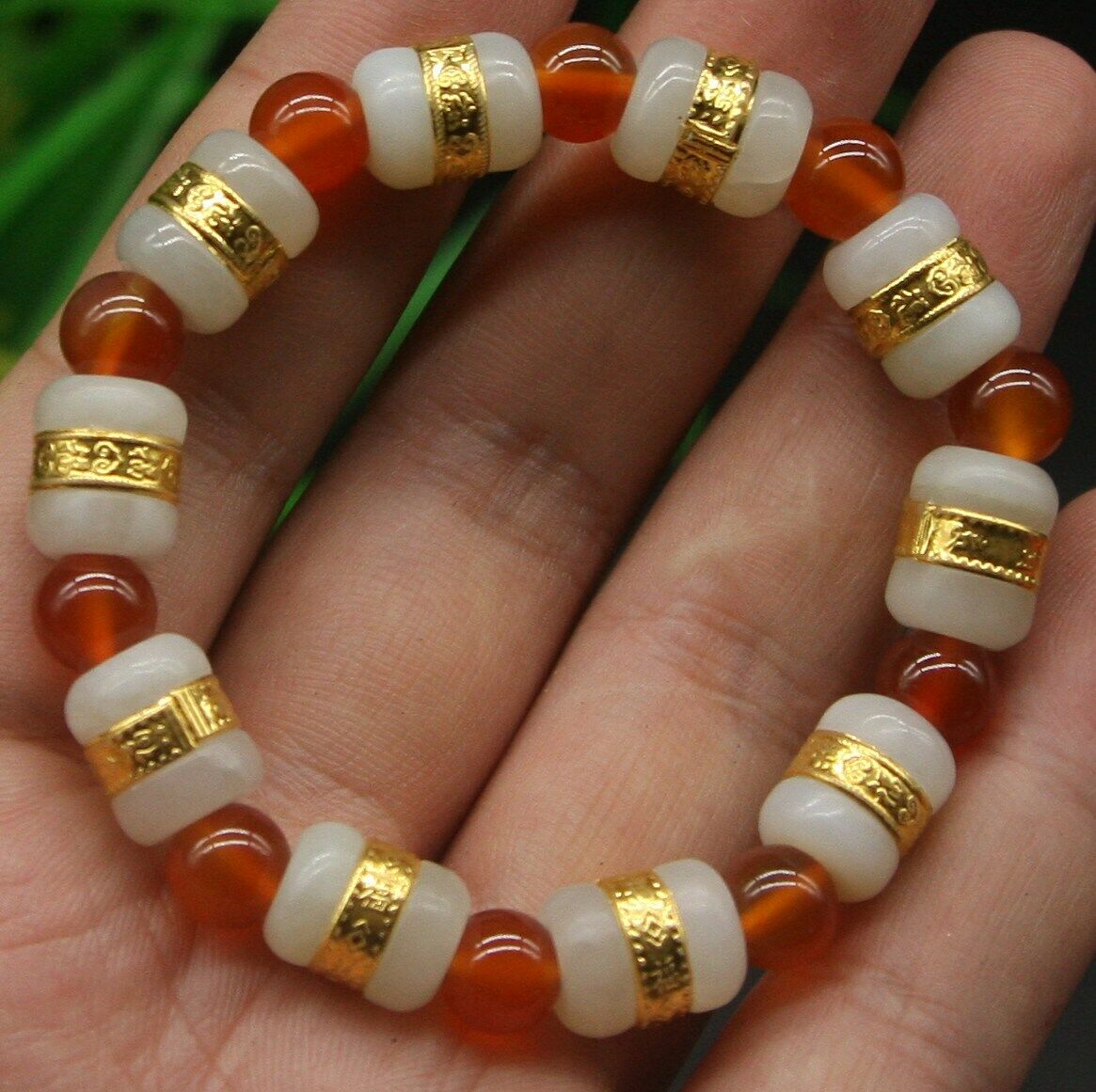 Fashion Natural Hetian Jade Carved With 8mm Red Agate beads Bracelet AA++