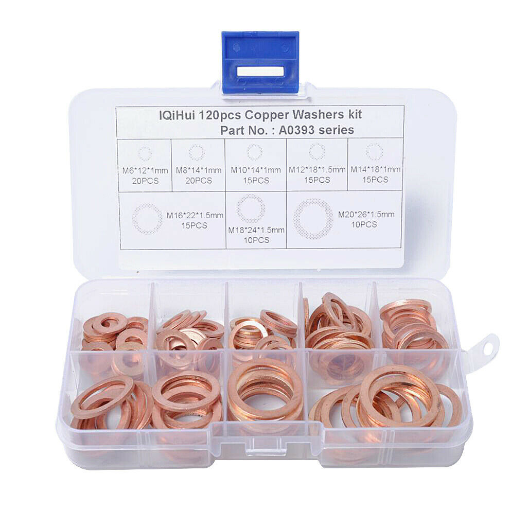 120Pcs 8 Sizes Assorted Solid Copper Crush Washers Seal Flat Ring with Case