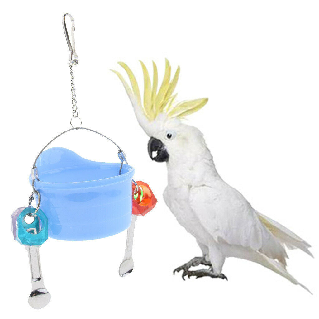 Birds Parrots Stand Hanging Plastic Food Cup Holder Swing with 2 Spoons Blue