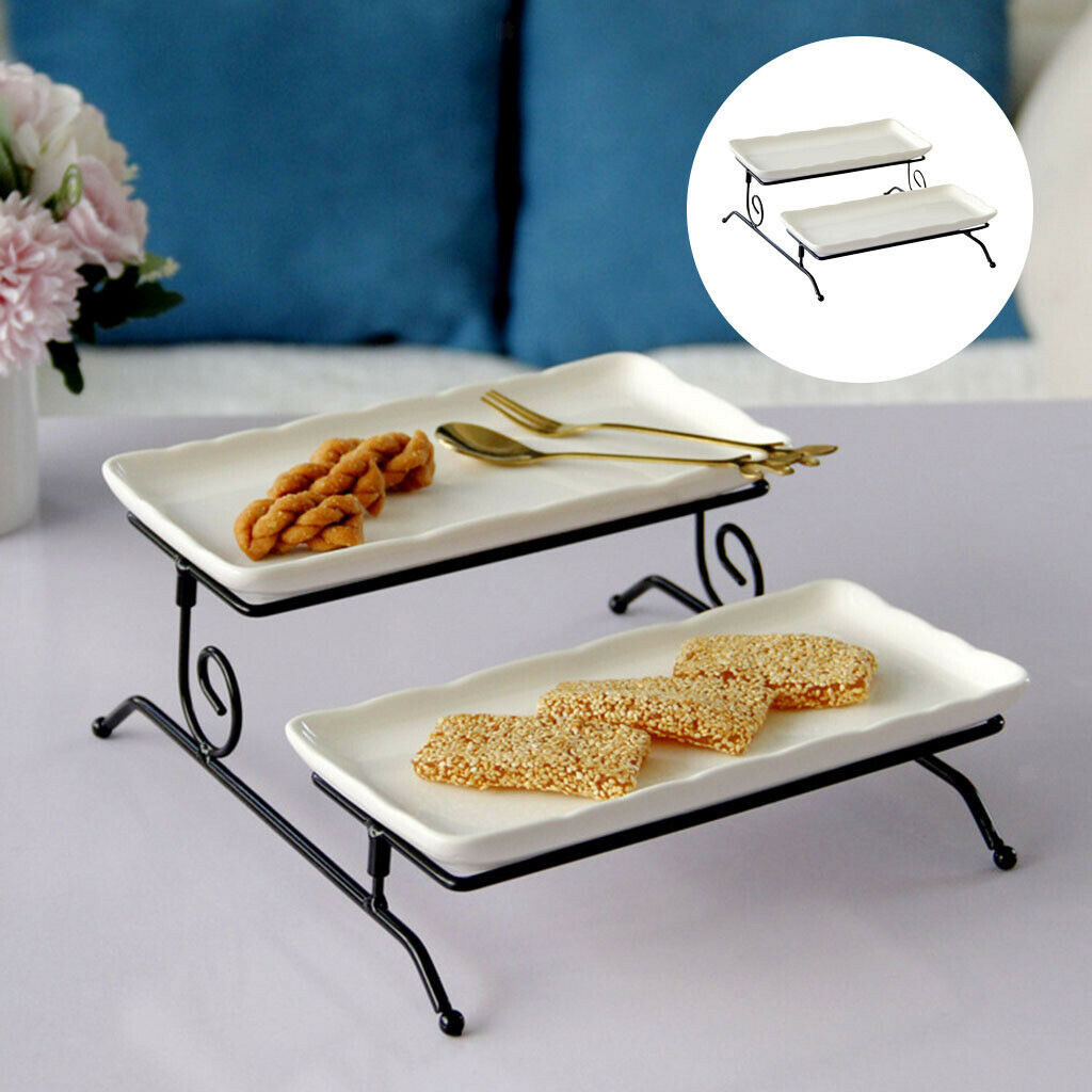 2 Tier Serving Stand Set with 2 Porcelain Serving Platters for Dessert Party