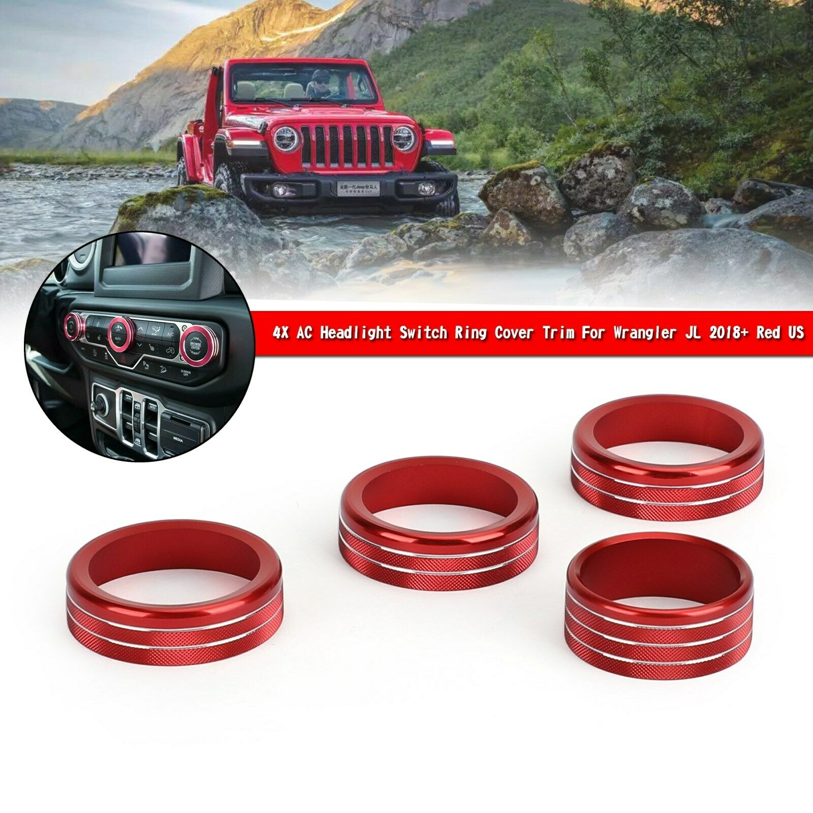 4X AC Headlight Switch Ring Cover Trim For Wrangler JL 2018+ Red US CN