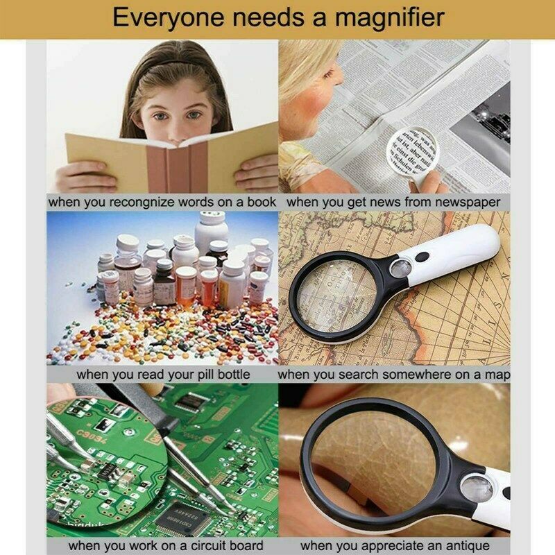Handheld 45X Magnifying Reading Glass Lens Jewelry Loupe w/ 3 LED Light Lamp