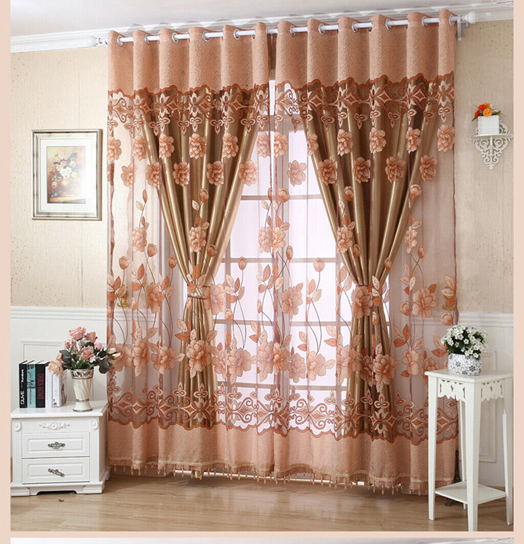 250x100cm Flower Pattern Jacquard Door Window Tulle Voile Curtain- Coffee UK