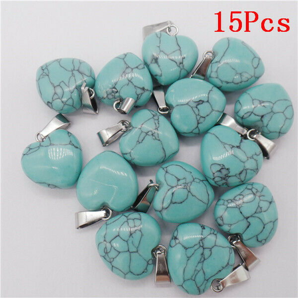 15Pcs 16x16x7mm Green Turquoise Puffy Love Heart Healing Pendant Bead HH9487