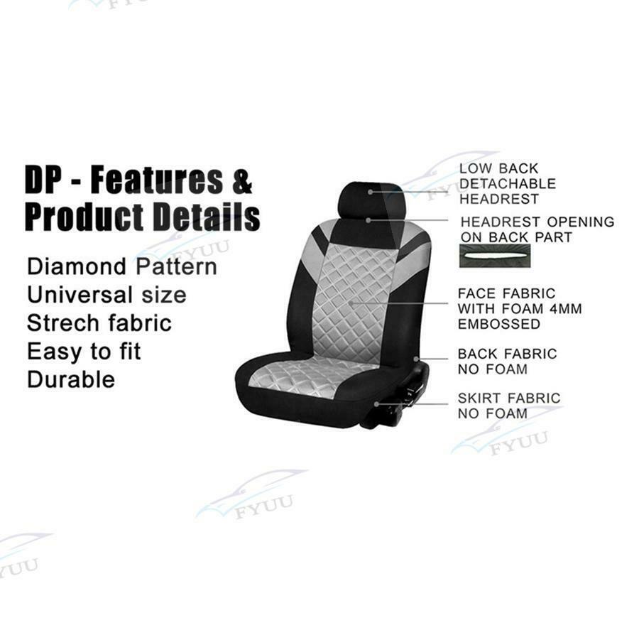 2 Front Seats Grey Diamond Pattern Car Seat Covers Set Universal w/ 2 headrests