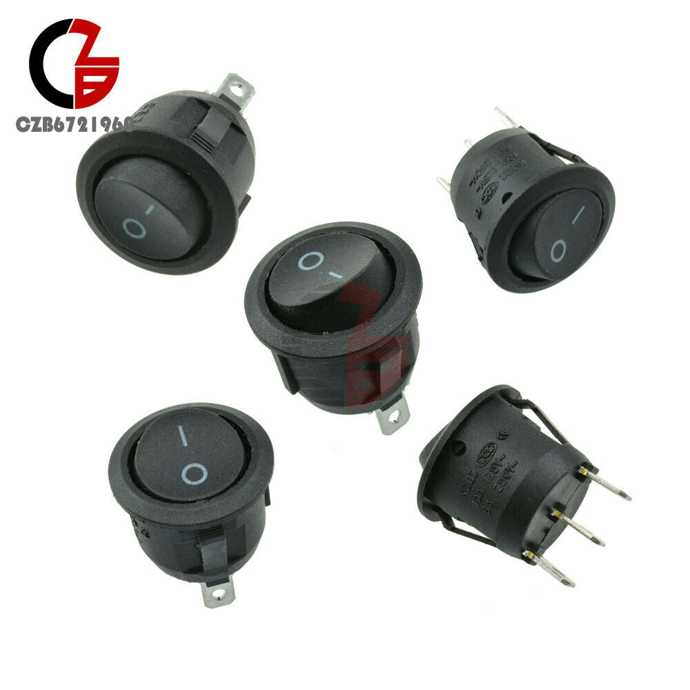 20Pcs Mini Black Round 3 Pin SPDT ON-OFF Rocker Switch Snap-in 6A/10A 250V/125V