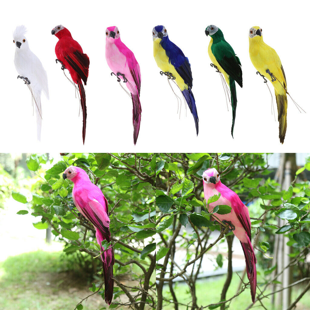 2x Realistic Parrot Artificial Feather Bird Animal Ornament Decor White & Red