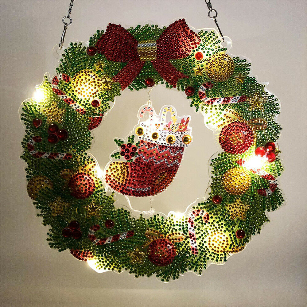 DIY Diamond Painting Wreath with LED Light Art Craft Kits Christmas Home Decor