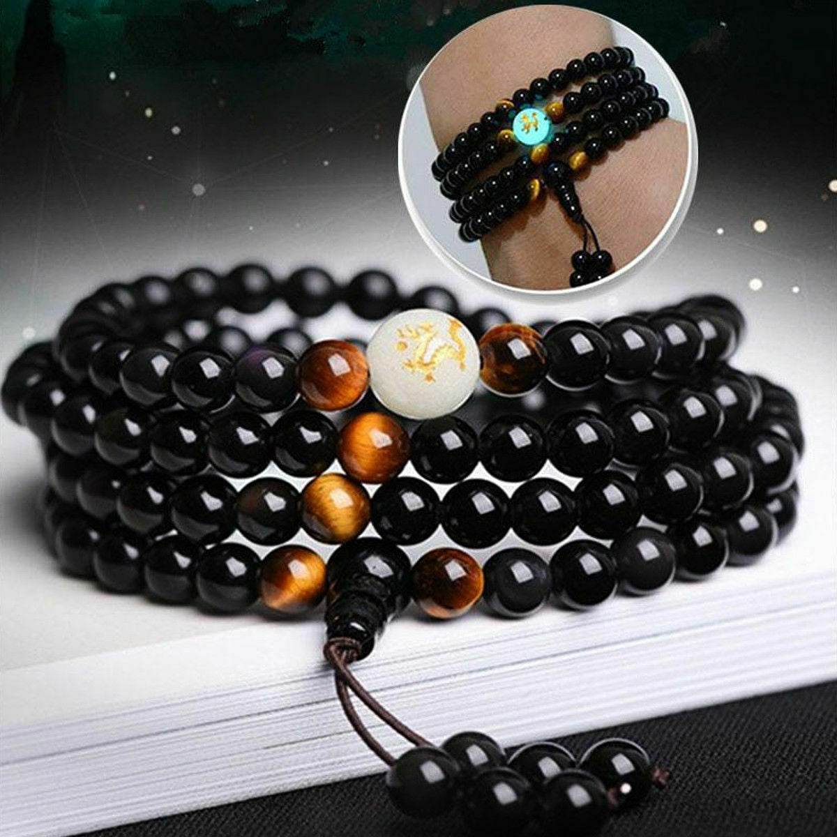 Luminous Dragon Mala Bracelet Yoga Black Onyx Men Women 108 Buddha Beads
