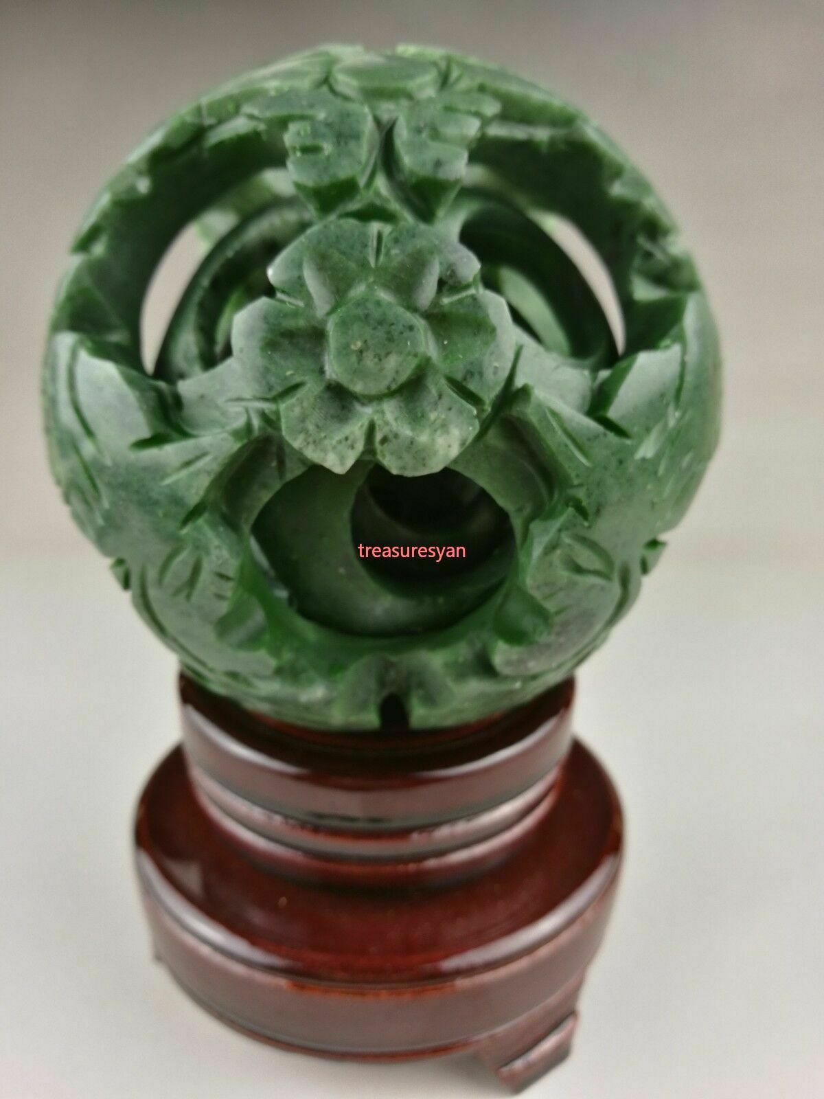 Chinese old green jade carved fengshui dragon ball magic with wood base
