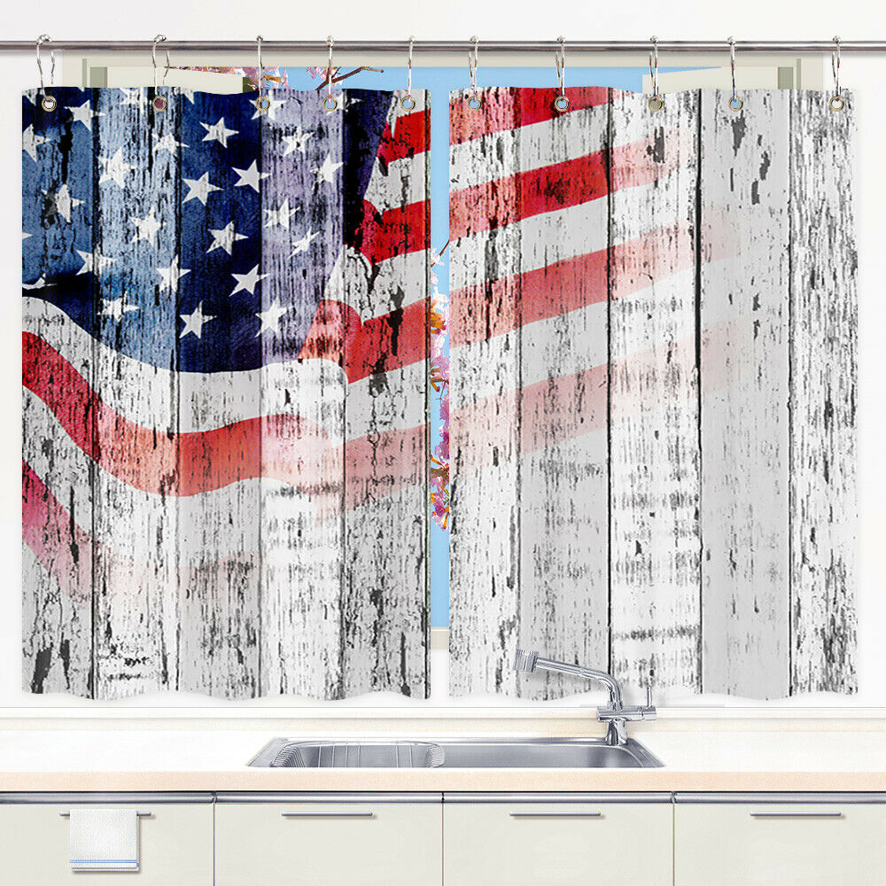 American Flag on Wood Window Curtain Treatments Kitchen Curtains 2 Panels 55X39"