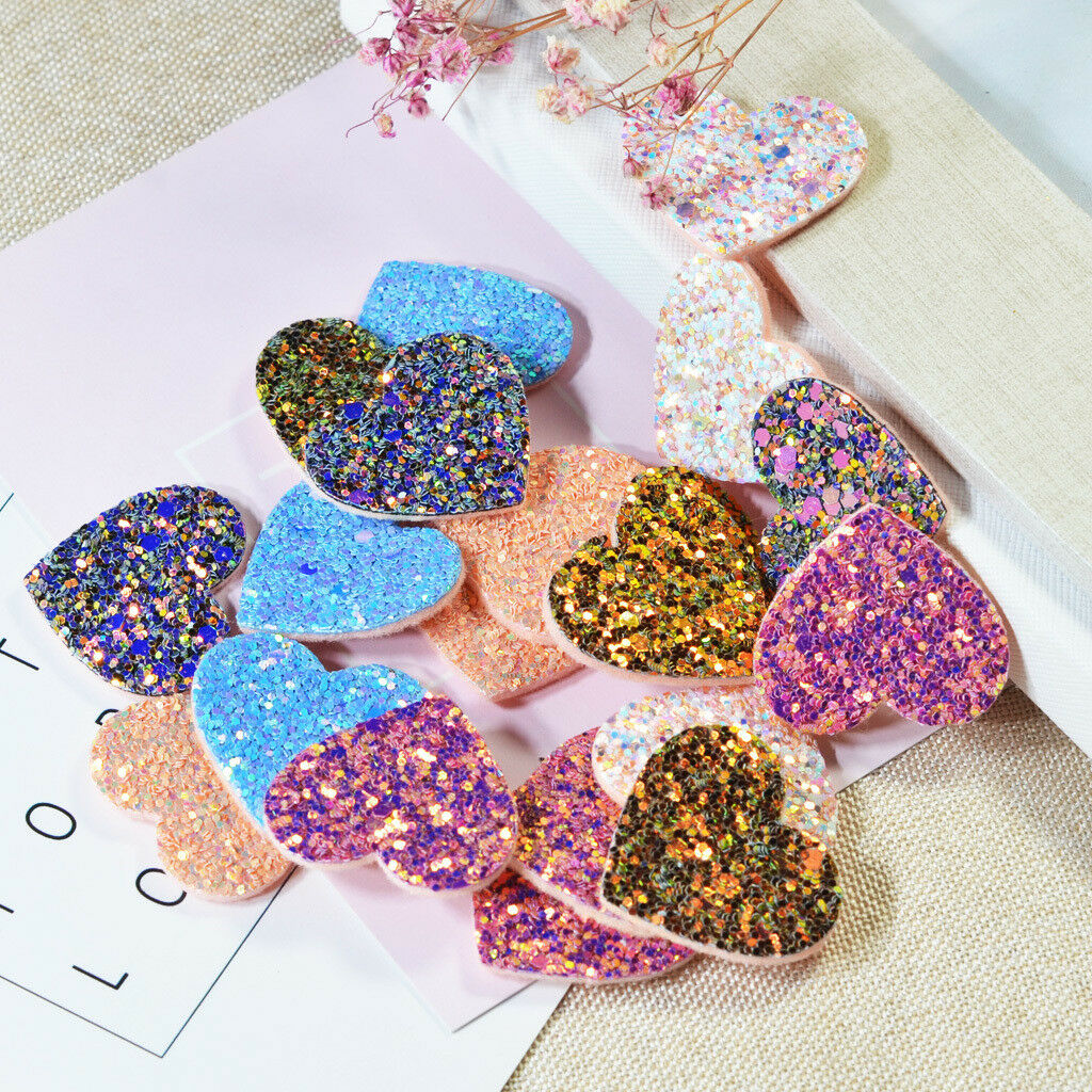 20x Glitter Felt Love Heart w/ Sequin Applique Sewing Scrapboking Cardmaking